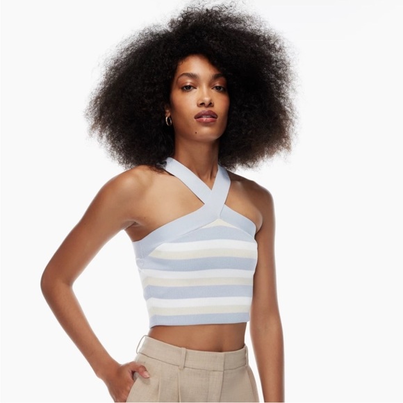 Aritzia Tops - Aritzia Babaton Sculpt Knit Criss Cross Cropped Tank Birch/ Cement Blue NWT
